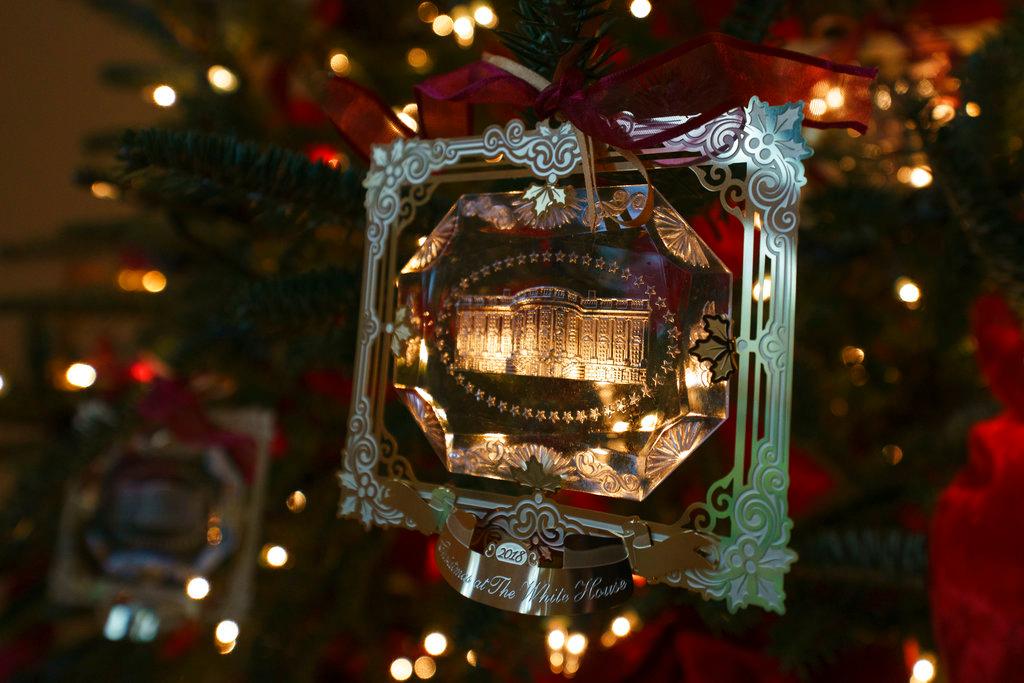 The First Family's official Christmas ornament is seen during the press preview at the White House in Washington, on Nov. 26, 2018. (AP Photo/Carolyn Kaster)