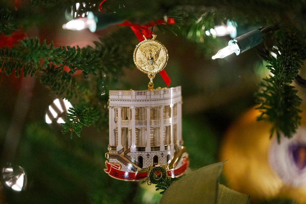 The Official 2018 White House Christmas Ornament is seen during the 2018 Christmas Press Preview at the White House in Washington, on Nov. 26, 2018. (AP Photo/Carolyn Kaster)