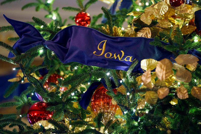 A detail of the official White House Christmas tree is seen in the Blue Room during the 2018 Christmas Press Preview at the White House in Washington, on Nov. 26, 2018. The tree measures 18 feet tall and is dressed in over 500 feet of blue velvet ribbon embroidered in gold with each State and territory. (AP Photo/Carolyn Kaster)