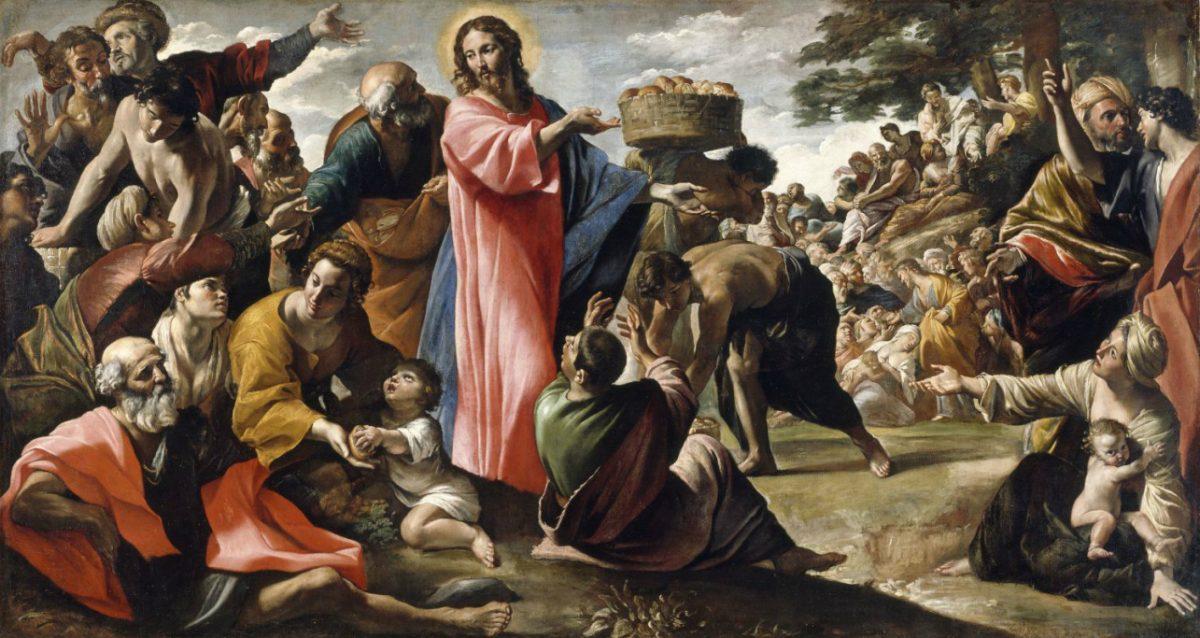 Jesus did give people bread so that they would follow him; in fact, he chided them for that intent. “Miracle of the Bread and Fish,” circa 1622, by Giovanni Lanfranco. (Public Domain)