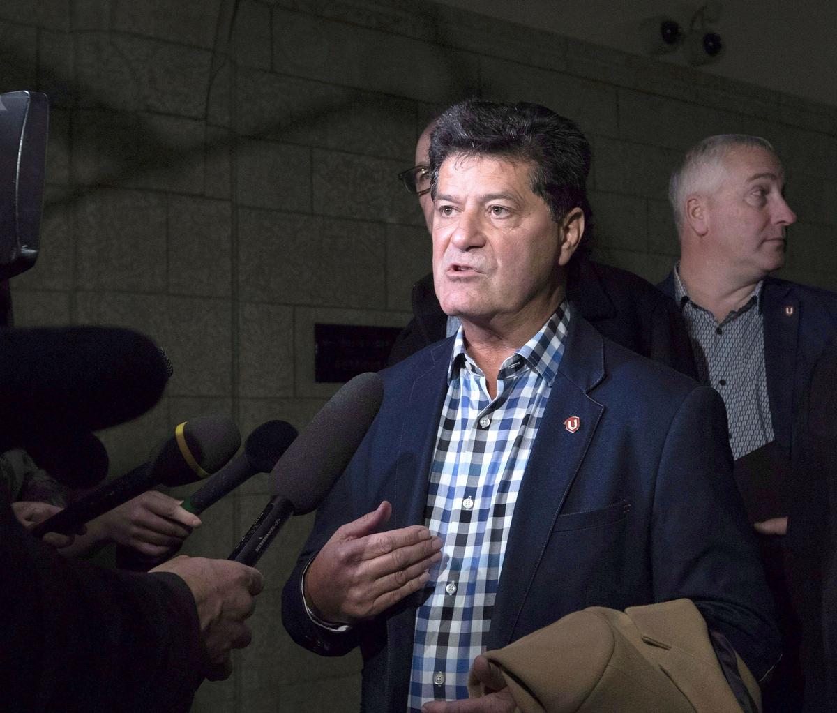 Unifor president Jerry Dias speaks with reporters after meeting with Prime Minister Justin Trudeau on Parliament Hill on Nov. 27, 2018. (The Canadian Press/Fred Chartrand)