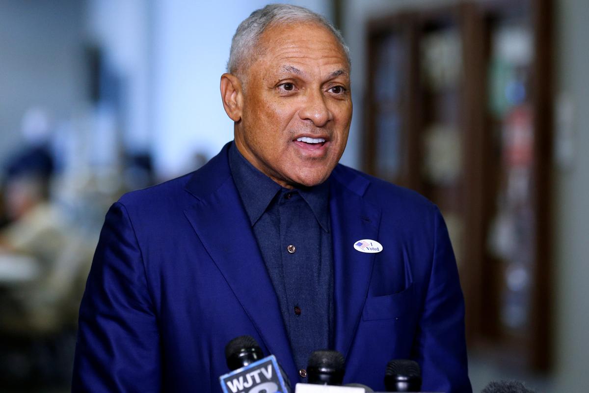 Mike Espy speaks after voting at a polling station in Ridgeland, Miss. on Nov. 27, 2018. (Jonathan Bachman/Reuters)