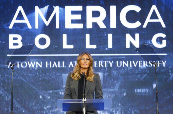 First lady Melania Trump speaks during a town hall meeting on opioid addiction at Liberty University in Lynchburg, Va., on Nov. 28, 2018. (AP Photo/Steve Helber)