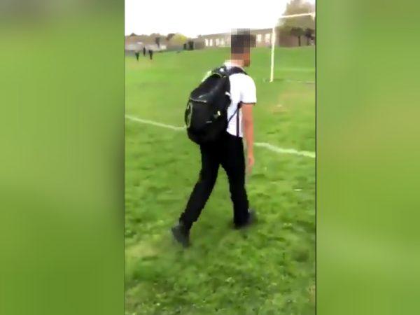 The victim of a bullying attack at the South Yorkshire schools walks away from the attack alone, on Oct. 25, 2018. (Screengrab/Twitter)