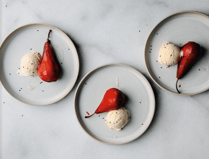 Ginger and Hibiscus Poached Pears With Ice Cream
