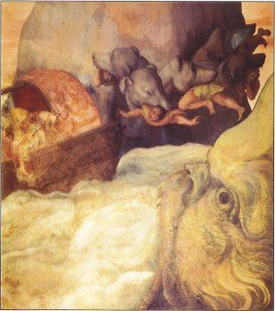 Odysseus’s ship passing between the <span style="color: #000000;">six-headed monster Scylla</span> and the whirlpool Charybdis, by Allessandro Allori, circa 1575, from a fresco. (Public Domain)