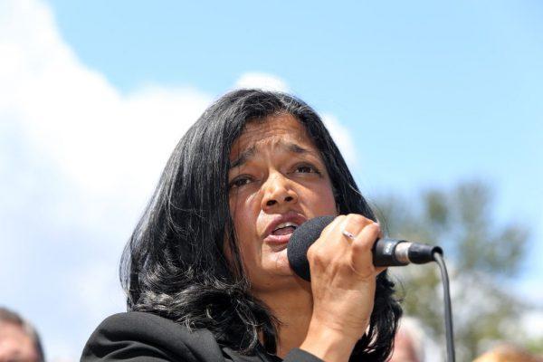 U.S. Rep. Pramila Jayapal (D-Wash.) at a press conference outside a Federal Detention Center holding migrant women in SeaTac, Wash., on June 9, 2018. (Karen Ducey/Getty Images)