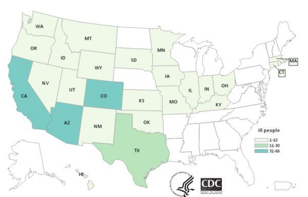 A map released on Nov. 15, 2018, shows the confirmed cases of salmonella illnesses linked to tainted ground beef. So far, there are 246 confirmed patients across 26 states. (Centers for Disease Control and Prevention)