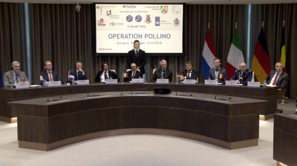 Officials speak at a press conference detailing 'Operation Pollino,' a coordinated effort to fight organized crime in Europe, in The Hague, Netherlands, on Dec. 5, 2018. (Eurojust)