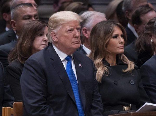 President Donald J. Trump and First Lady Melania Trump attend the state funeral service of former President George W. Bush at the National Cathedral, in Washington on Dec. 5, 2018. (Chris Kleponis-Pool/Getty Images)