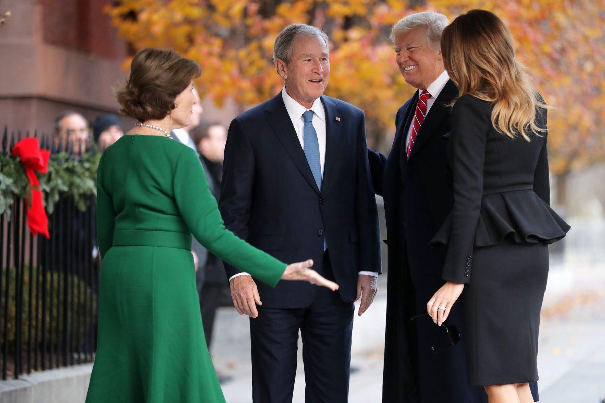 Former first lady Laura Bush and former President George W. Bush greet President Donald Trump and first lady Melania Trump outside of Blair House (Photo by Chip Somodevilla/Getty Images)