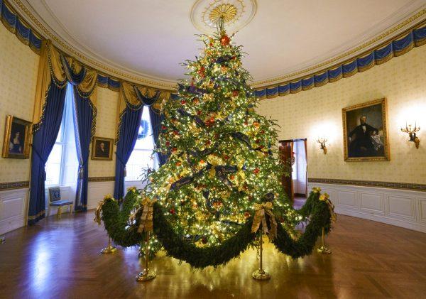 The official White House Christmas tree is seen in the Blue Room during the Christmas press preview at the White House in Washington, on Nov. 26, 2018. (AP Photo/Carolyn Kaster)