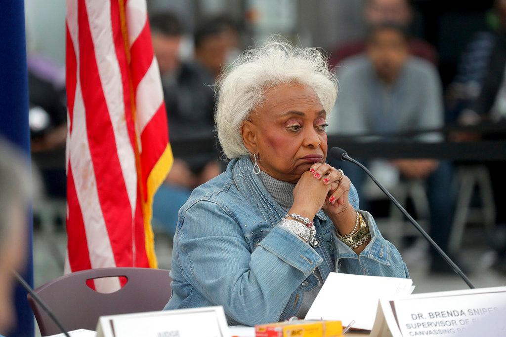 Broward County's then-Supervisor of Elections Brenda Snipes explains to the canvassing board the discrepancy in vote counts during the manual recount at the Broward County Supervisor of Elections office in Lauderhill, Fla., on Nov. 17, 2018. (Mike Stocker/South Florida Sun-Sentinel via AP)