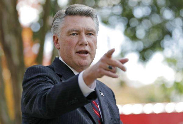 In this Nov. 7, 2018, file photo, Mark Harris speaks to the media during a news conference in Matthews, N.C. (AP Photo/Chuck Burton, File)