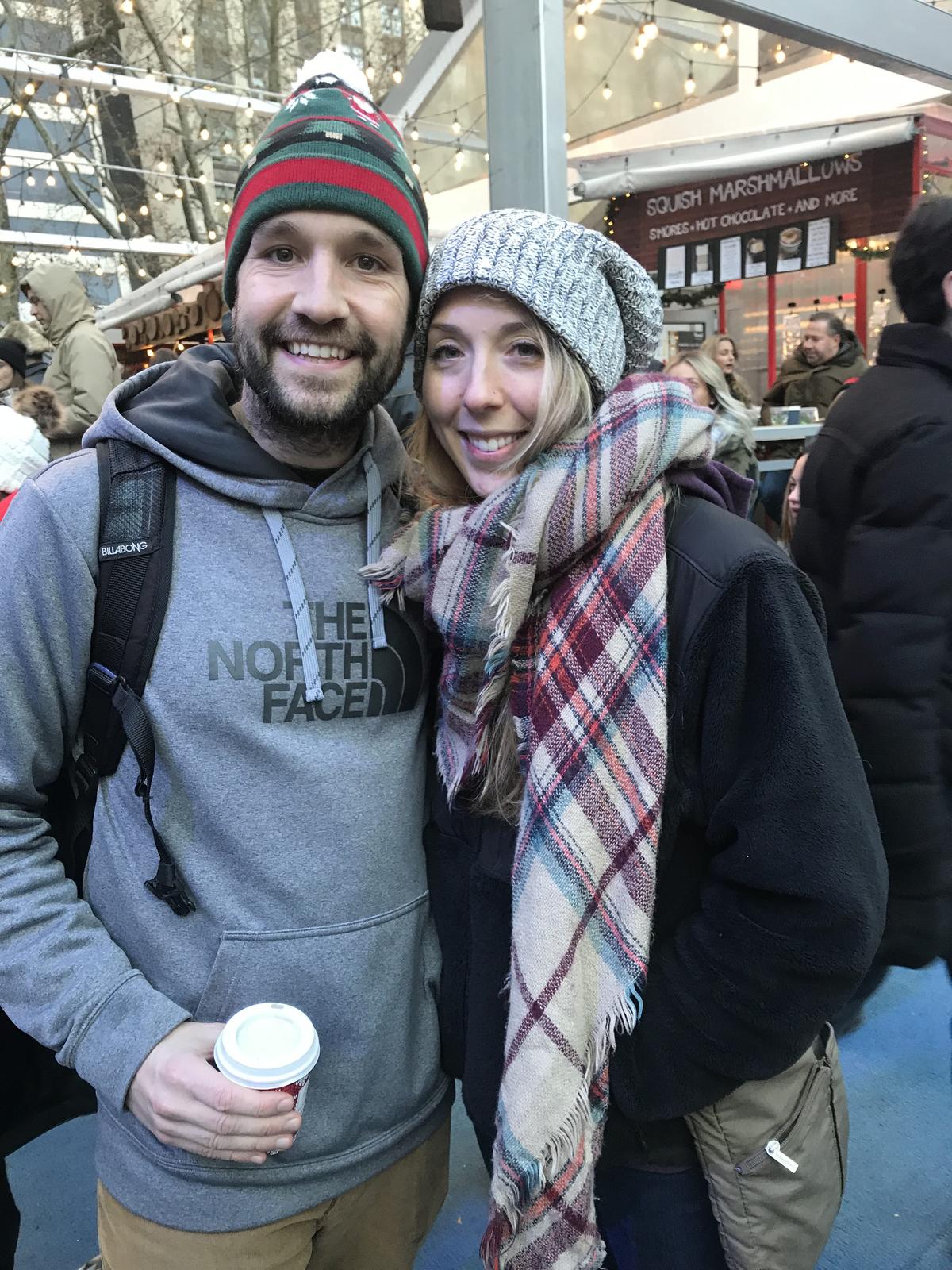 Josh and Amanda Howard, in Bryant Park, New York, on Dec. 9, 2018. (Stuart Liess/The Epoch Times)