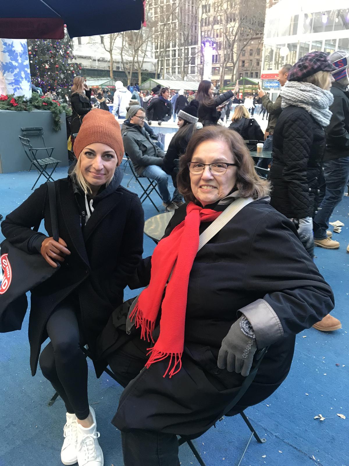 Lisa (L) and Karen in Bryant Park, New York, on Dec. 9, 2018. (Stuart Liess/The Epoch Times)