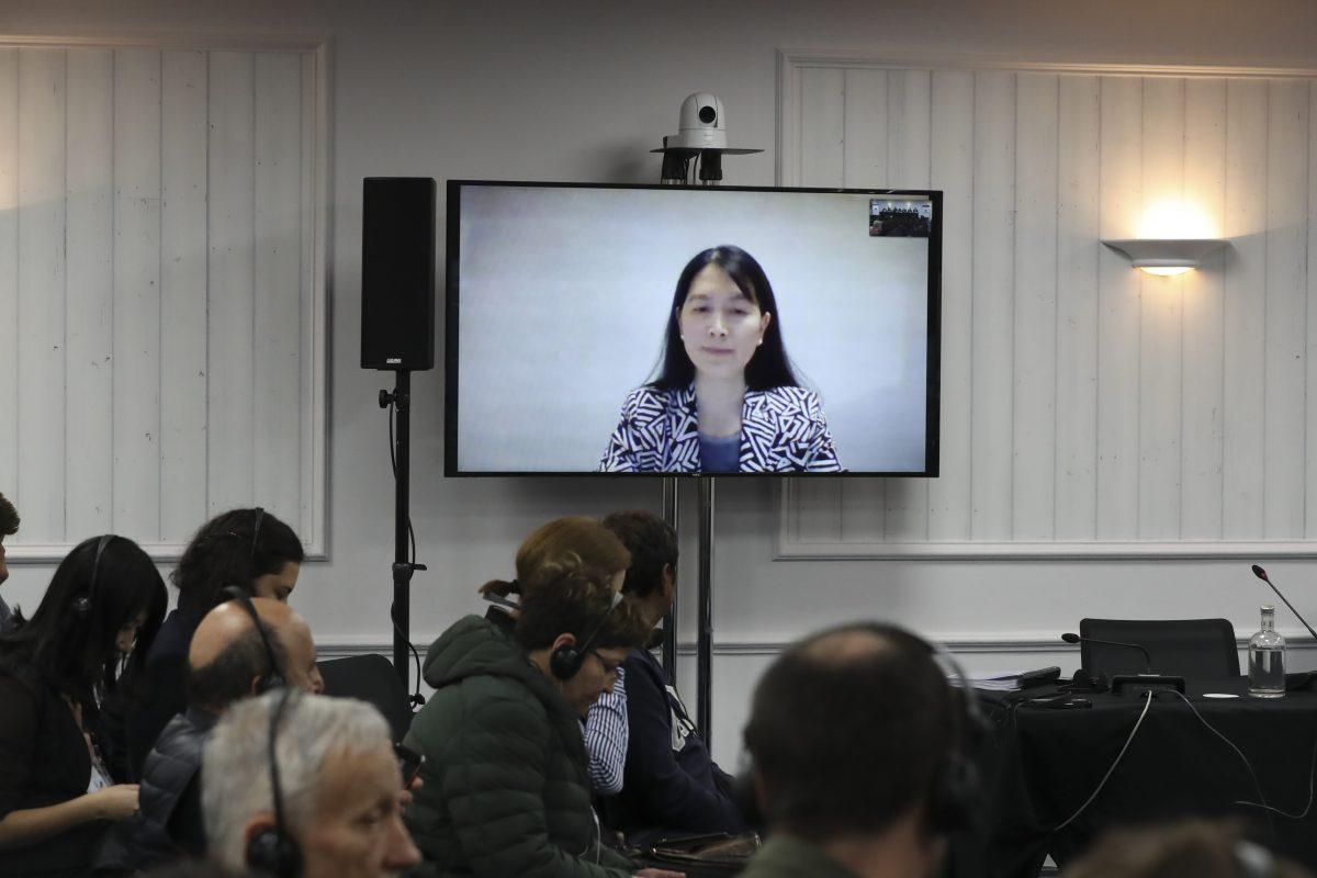 Witness Liu Huiqiong told the people’s tribunal that she had been detained in China, tortured, and given physical exams. Her evidence was shown via video link in London on Dec. 8, 2018. (Justin Palmer)
