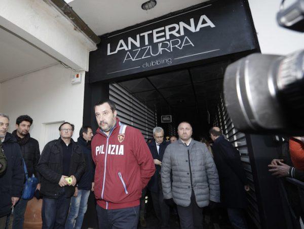 Italian Interior Minister and Deputy-Premier Matteo Salvini leaves disco Lanterna Azzurra after a site inspection, in Corinaldo, central Italy, on Dec. 8, 2018. (AP Photo/Andrew Medichini)