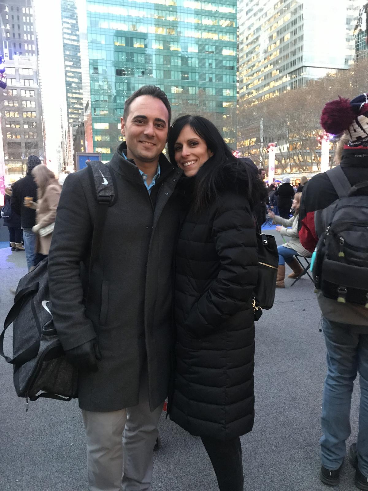 Branden and Leslie Marotta in Bryant Park, New York, on Dec. 9, 2018. (Stuart Liess/The Epoch Times)