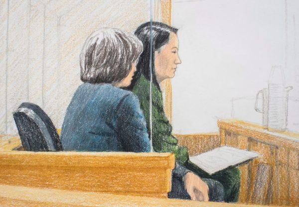 In this courtroom sketch, Meng Wanzhou, back right, the chief financial officer of Huawei Technologies, sits beside a translator during a bail hearing at B.C. Supreme Court in Vancouver, on Dec. 7, 2018. (The Canadian Press/Jane Wolsak)