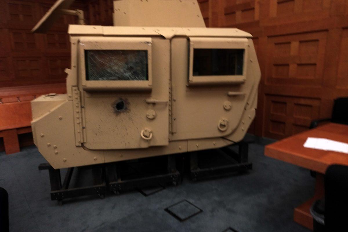 A model of the cab of a Humvee damaged by an Explosively Formed Penetrator device used as a demonstrative exhibit  in the case Karcher, et al. v. The Islamic Republic of Iran in the U.S. District Court in Washington on Dec. 3. (Courtesy of Osen LLC)