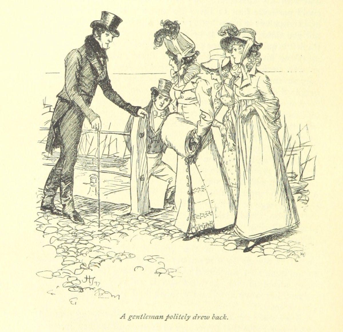 Captain Wentworth, Anne, and her sister-in-laws, the Musgroves, bump into Mr. William Elliot at Lyme. Illustration by Hugh Thomson in the 1897 edition of “Persuasion.” British Library Collections. (Public Domain)