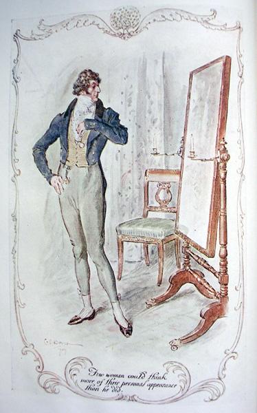 Sir Walter Elliot, Anne’s vain and selfish father admires his reflection, in an illustration by C. E. Brock, in the 1909 edition of “Persuasion.” (Public Domain)