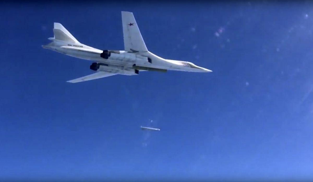 A Russian air force Tu-160 bomber launches a cruise missile on a target in Syria on Nov. 20, 2015. (AP Photo)