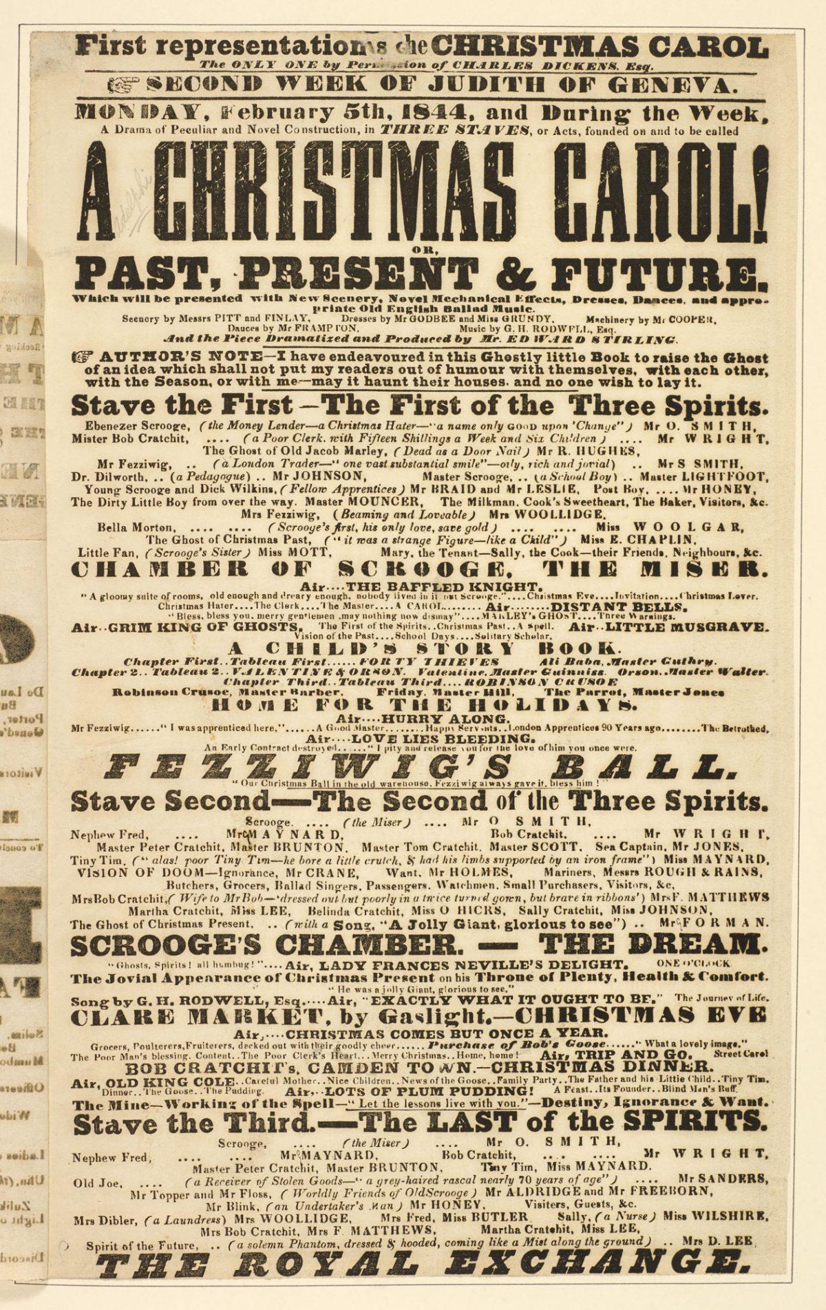 <span style="color: #000000;">An announcement of Edward Stirling’s official adaptation of "A Christmas Carol," performed at the Adelphi Theatre in London on Feb. 5, 1844. (Public Domain)</span>