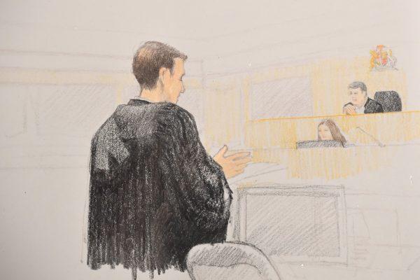 In this courtroom sketch, John Gibb-Carsley, a lawyer for Canada's attorney general, addresses a bail hearing for Huawei executive Meng Wanzhou at B.C. Supreme Court in Vancouver, on Dec. 10, 2018. (The Canadian Press/Jane Wolsak)