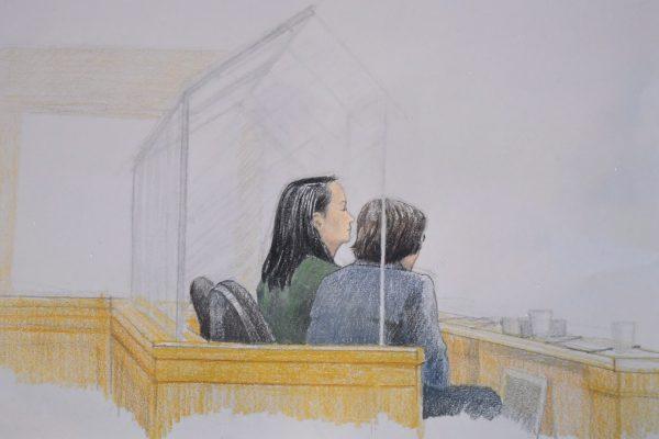 In this courtroom sketch, Meng Wanzhou, left, the chief financial officer of Huawei Technologies, sits with a translator during a bail hearing at B.C. Supreme Court in Vancouver, on December 10, 2018. (The Canadian Press/Jane Wolsak)