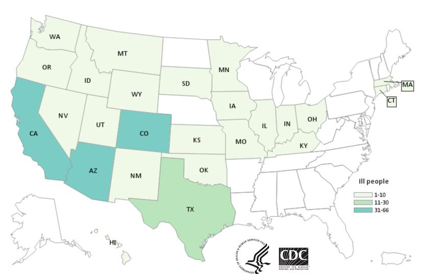 A map released on Nov. 15, 2018, shows the confirmed cases of salmonella illnesses linked to tainted ground beef. So far, there are 246 confirmed patients across 26 states. (Centers for Disease Control and Prevention)