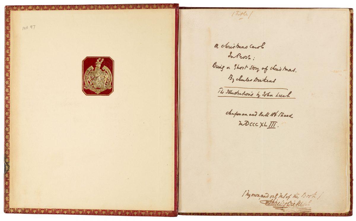 <span style="color: #333333;">The title page of "A Christmas Carol in Prose: Being a Ghost Story of Christmas," December 1843, by Charles Dickens. Autographed manuscript. Purchased by Pierpont Morgan before 1900. (Graham S. Haber/The Morgan Library & Museum)</span>