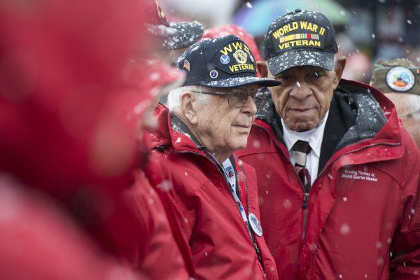 Two World War II veterans at a ceremony marking the 70th anniversary of the Battle of the Bulge, on Saturday, Dec. 13, 2014, in Bastogne, Belgium. (Anthony Dehez/AFP/Getty Images)