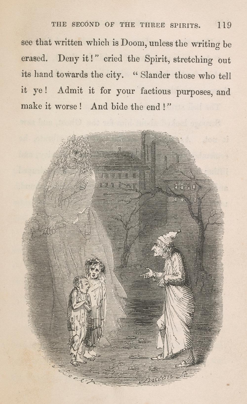 The Ghost of Christmas Present introducing Scrooge to the children Ignorance and Want, by W. T. Linton. Engraving after an illustration by John Leech in "A Christmas Carol in Prose: Being a Ghost Story of Christmas," 1843. Bequest of Gordon N. Ray, The Morgan Library & Museum. (Graham S. Haber)