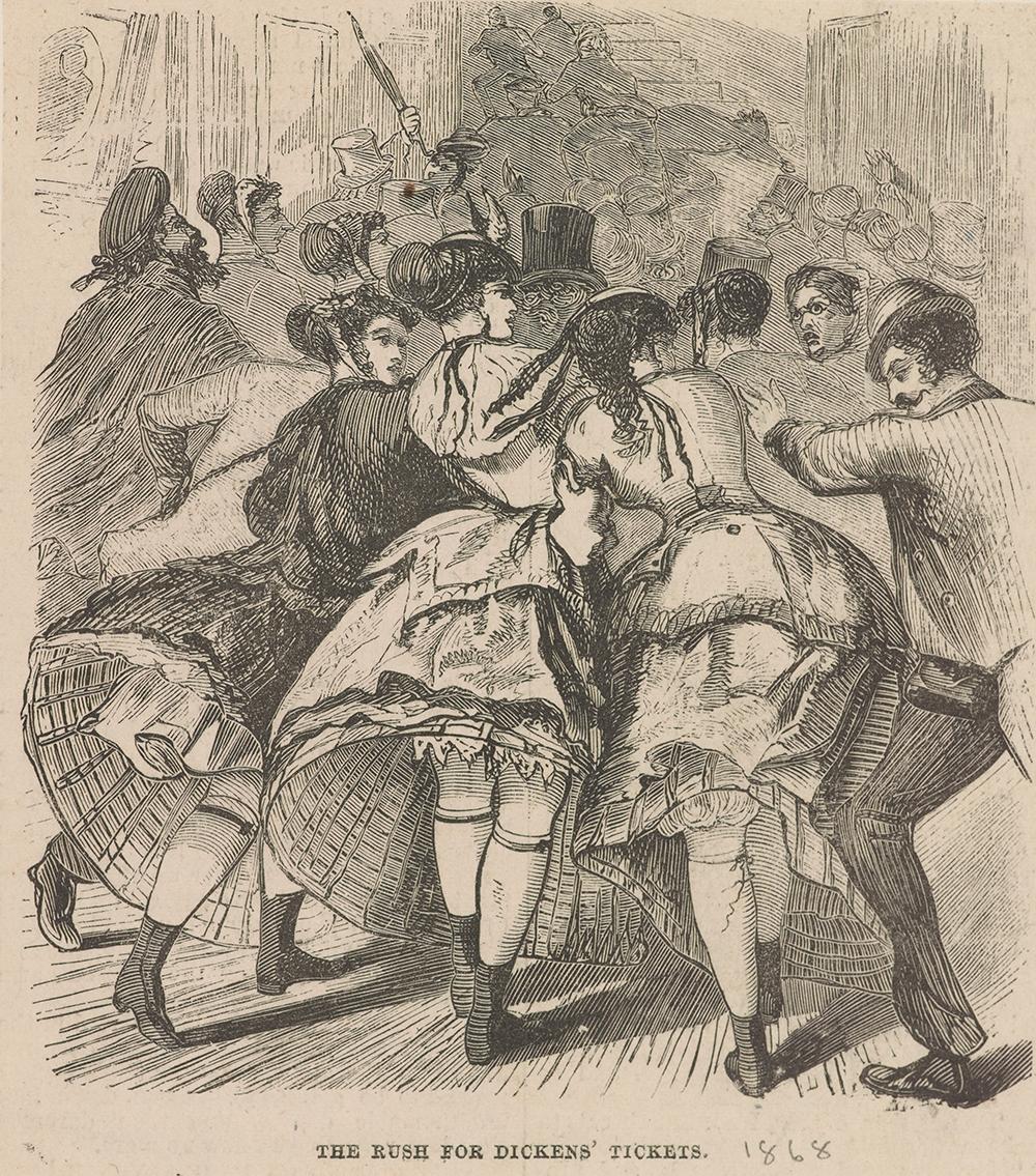 "The Rush for Dickens' Tickets." Wood engraving published during Dickens’s second American tour. The Morgan Library & Museum. (Graham Haber)