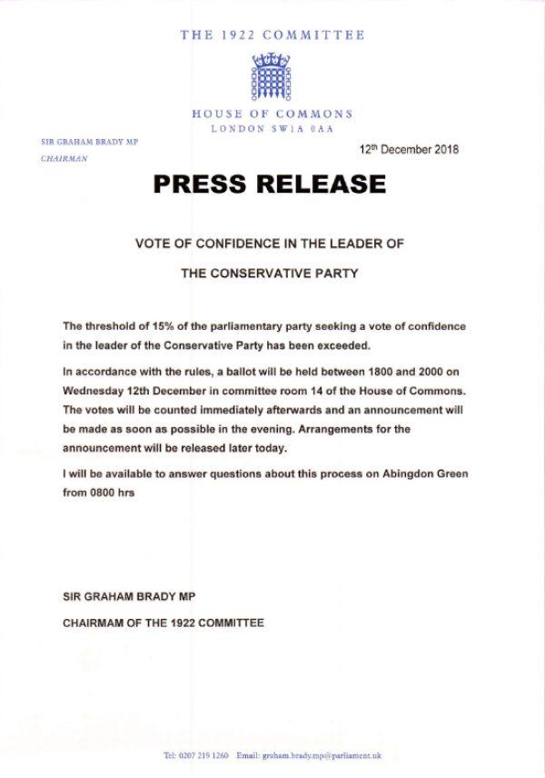 A letter from Graham Brady stating that the threshold of lawmakers who no longer have confidence in Prime Minister Theresa May's leadership has been reached, is seen in London on Dec. 12, 2018. (Graham Brady handout via Reuters)