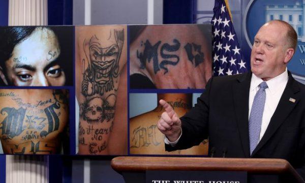 File photo of ICE Deputy Director Tom Homan in front of MS-13 gang-related photos during a press briefing at the White House, on July 27, 2017. (Win McNamee/Getty Images)