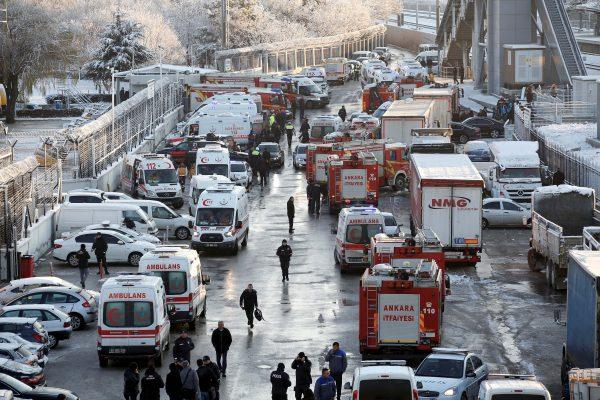 Ambulances and fire trucks are seen near the scene of a high speed train crash in Ankara, Turkey, on Dec. 13, 2018. (Reuters/Tumay Berkin)