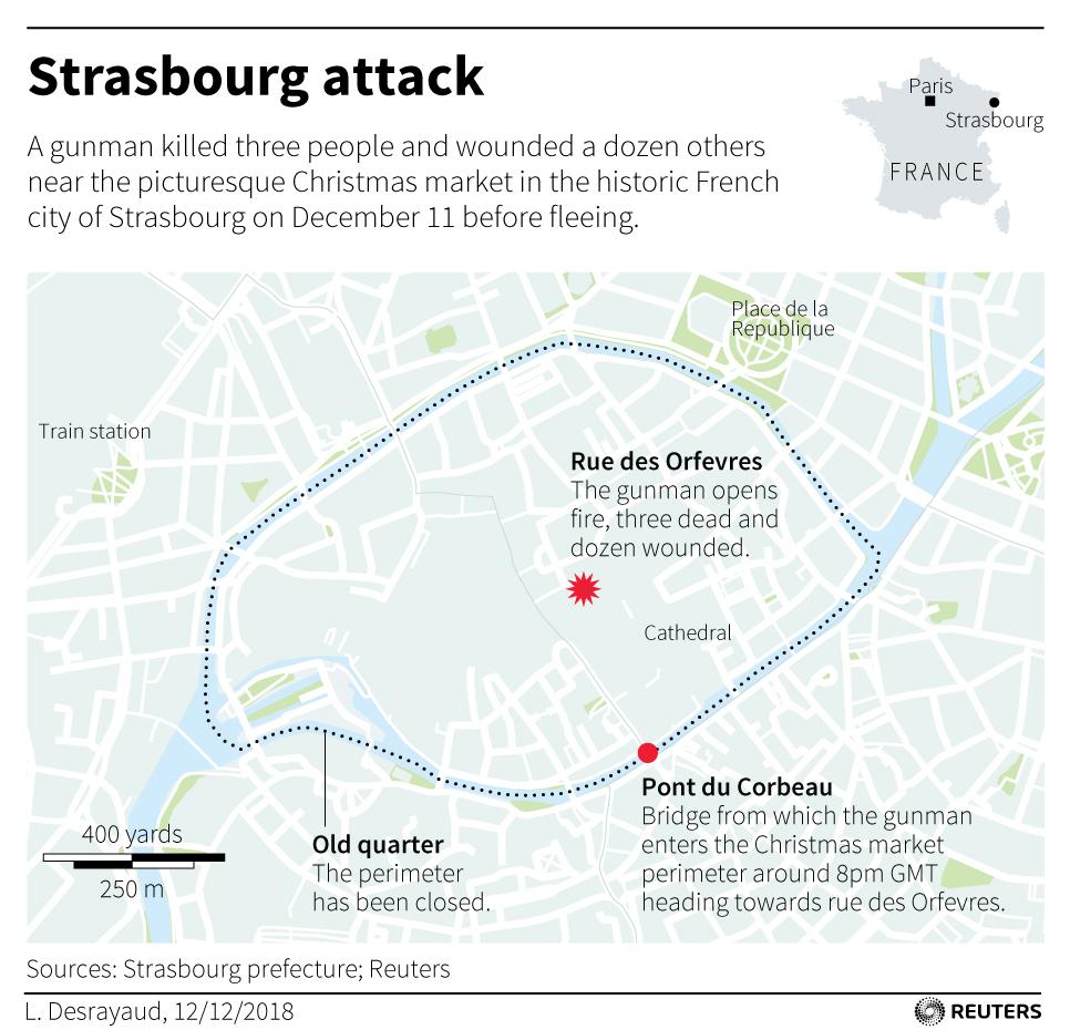 Map showing the locations of the Strasbourg attacks. (Reuters)