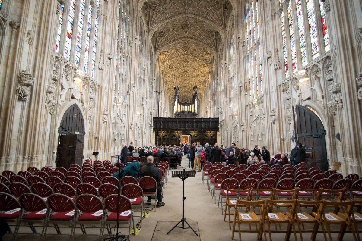 The congregation enters the magnificent King's College Chapel in Cambridge, ahead of "A Festival of Nine Lessons and Carols," in 2016. (Benjamin Sheen/King's College Cambridge)