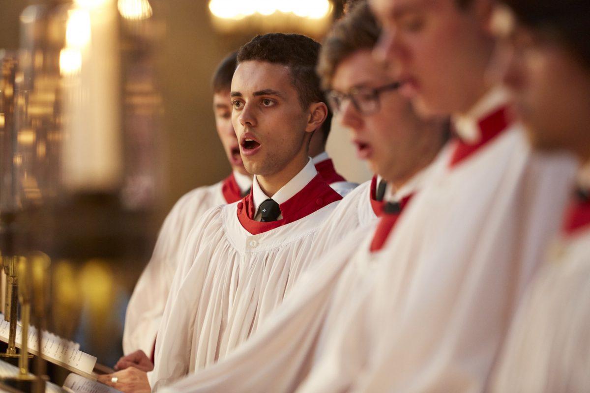 Choral scholars sing in a service at King's College Chapel in 2018. (Kevin Leighton)