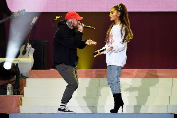 In this handout provided by 'One Love Manchester' benefit concert (L) Mac Miller and Ariana Grande perform on stage in Manchester, England, on June 4, 2017. (Getty Images/Dave Hogan for One Love Manchester)