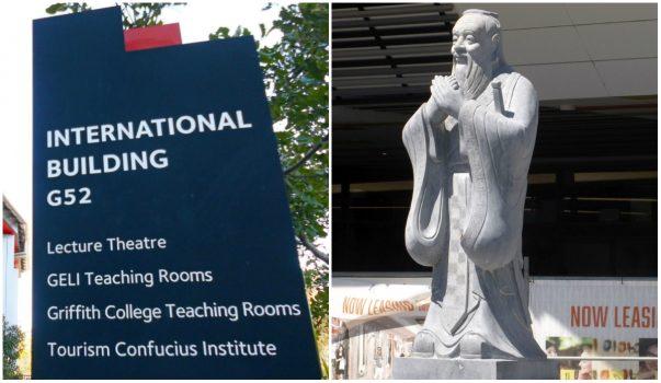The International Building at Griffith University where the Tourism Confucius Institute operates on the Gold Coast campus. (Richard Szabo/The Epoch Times) and the Confucius statue at Gold Coast Chinatown, which was partly funded by the Confucius Institute. (Shiftchange/Wikimedia Commons CC)