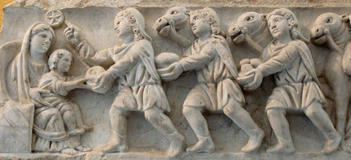 Adoration of the Magi on the central panel of a sarcophagus in the cemetery of St. Agnes in Rome, fourth century A.D. (Public Domain)
