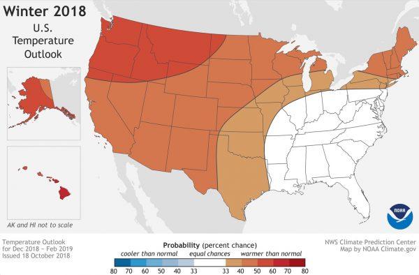 NOAA winter 2018 temperature predictions. (NOAA)