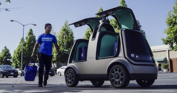Nuro's unmanned vehicle, the R1, will be added to a fleet of autonomous Prius vehicles that has run self-driving grocery delivery service in Scottsdale, Ariz., with vehicle operators since August. (Andrew Brown/The Kroger Co/AP)