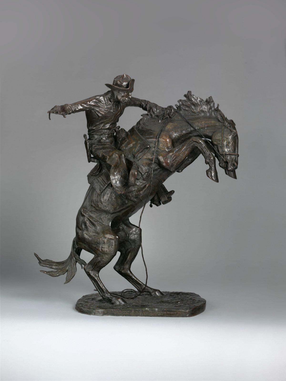 "The Broncho Buster," 1895, revised 1909, by Frederic Remington. Bronze, cast by November 1910, 32 1/4 inches x 27 1/4 x 15 inches. Bequest of Jacob Ruppert, 1939. (The Metropolitan Museum)