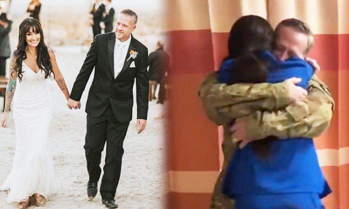 Deployed soldier surprises wife at work for their anniversary with early homecoming