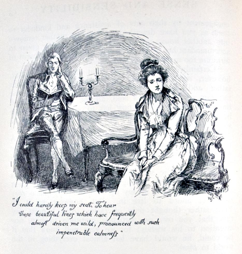 Marianne complains about how Edward reads Cowper. Illustration by Chris Hammond, in the 1899 edition of “Sense and Sensibility.” Lilly Library, Indiana University. (Public Domain)